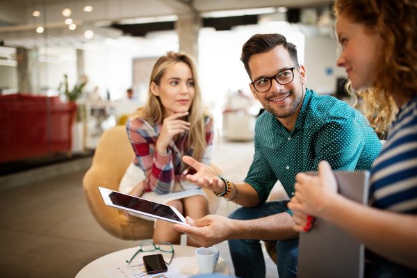 Marketing team discussing global market strategy